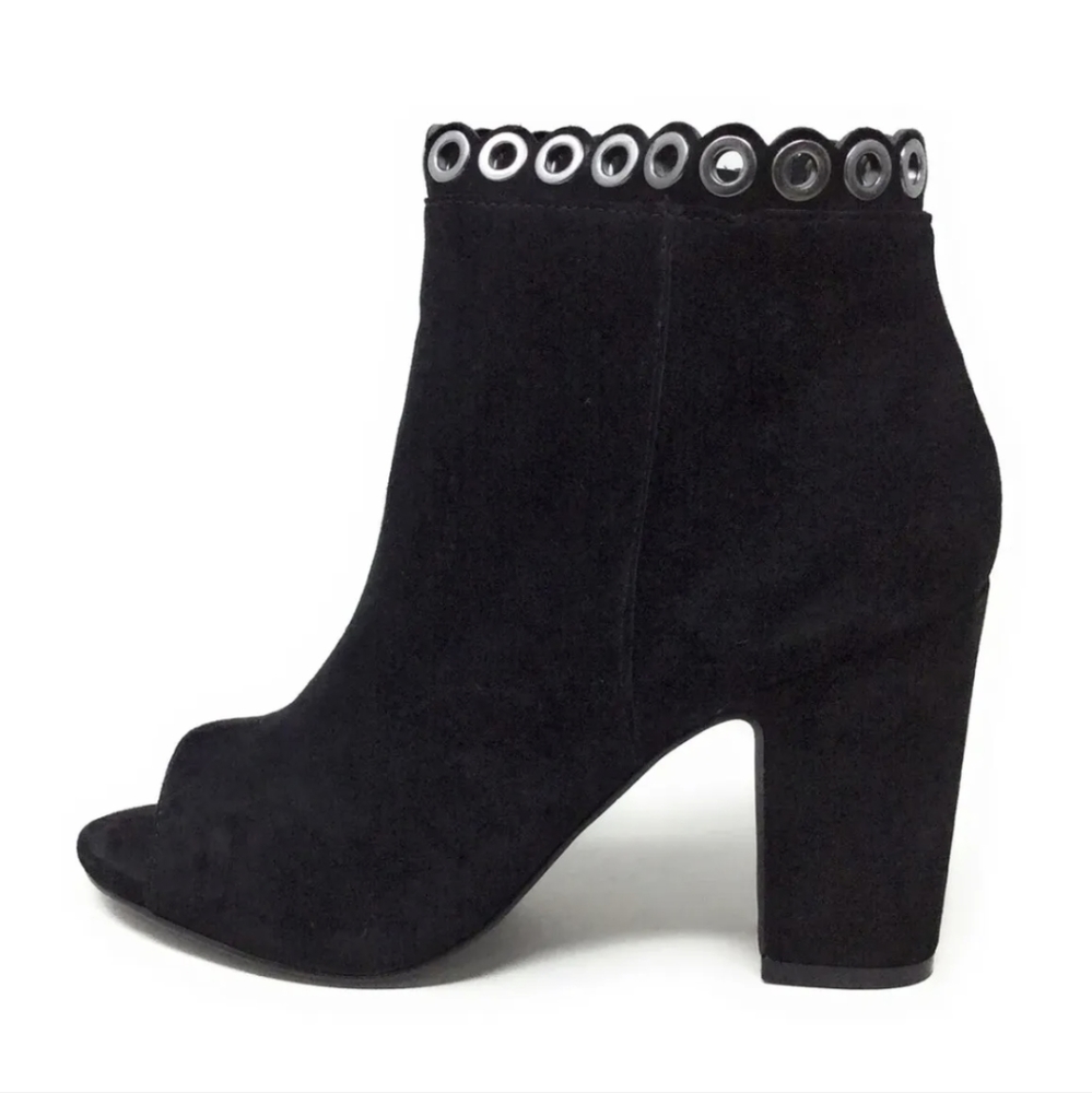 Fergie Women's Jackie Suede Open Toe Grommet Ankle Bootie Black 7.5M US